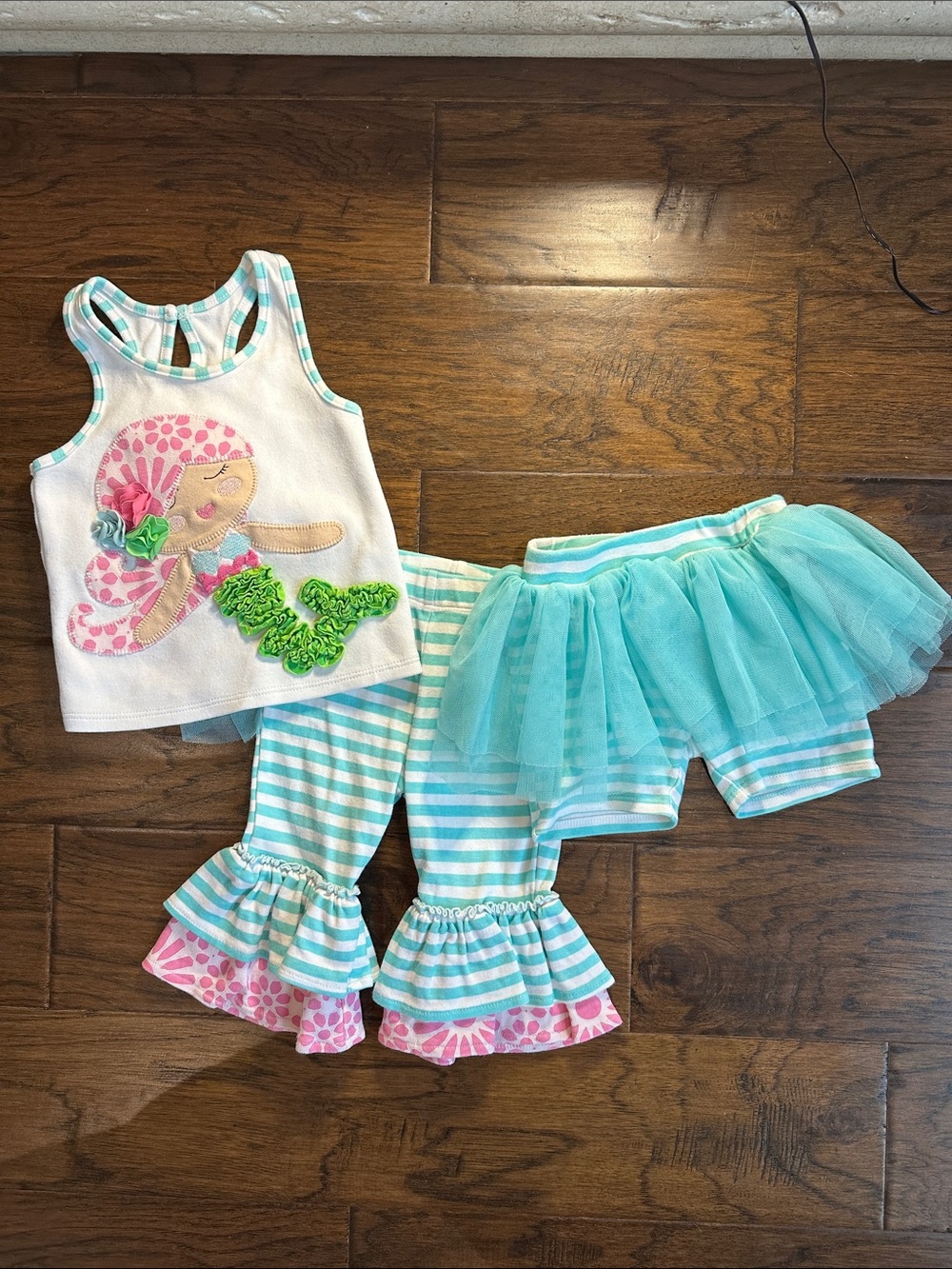 Mud pie Mermaid Tank, Striped Ruffle Pants & Tulle Short Set